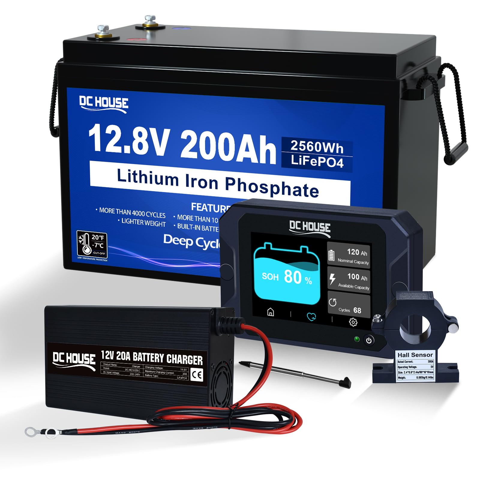 12V 200Ah LiFePO4 Batterie mit 20A Batterie Ladegeräte Batterie Monitor 300A batteriewächter 12V/24V/36V/48V Wohnmobile, Solaranlagen,Wohnwagen, netzunabhängige Anwendungen von DCHOUSE