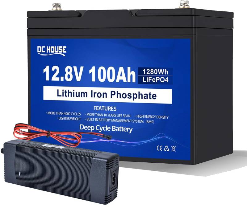 DCHOUSE 12V 100Ah LiFePO4 Batterie mit 10A batterie Ladegeräte, Verbessertes 100A BMS, Bis zu 15000 Zyklen, 1280Wh Lithium Akku, perfekt für Wohnmobile, Solaranlage, Wohnwagen, Boot, Camping,Off-Grid von DCHOUSE