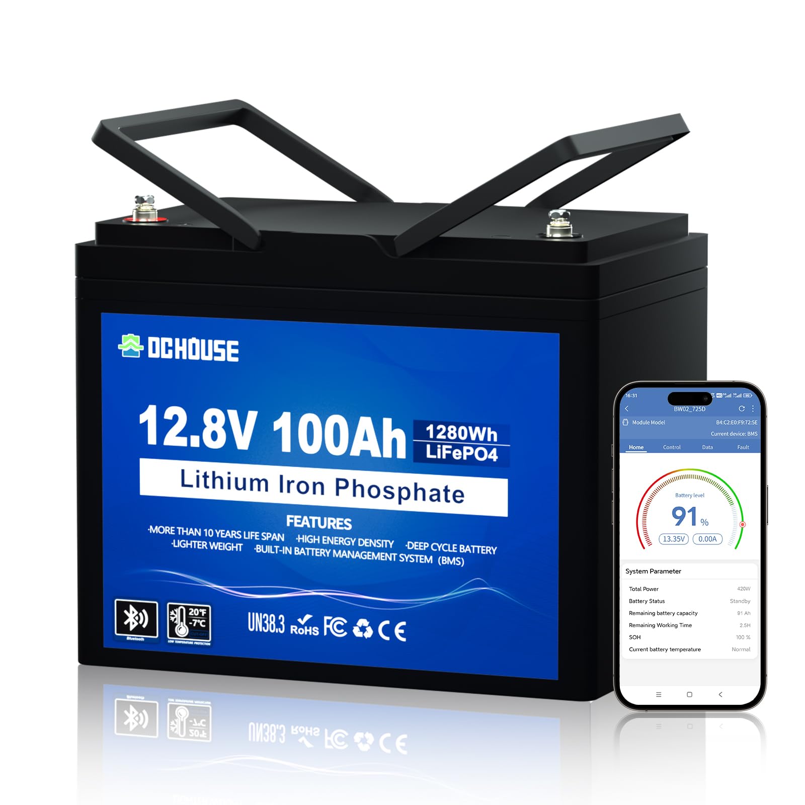 DCHOUSE 12V 100Ah LiFePO4 Bluetooth Lithiumbatterie, Niedertemperaturschutz, eingebaute Leistungsanzeige, bis 15000 Zyklen, 100A BMS, sehr geeignet für Schleppmotoren, Schiffe, Boote, Solarenergie von DCHOUSE