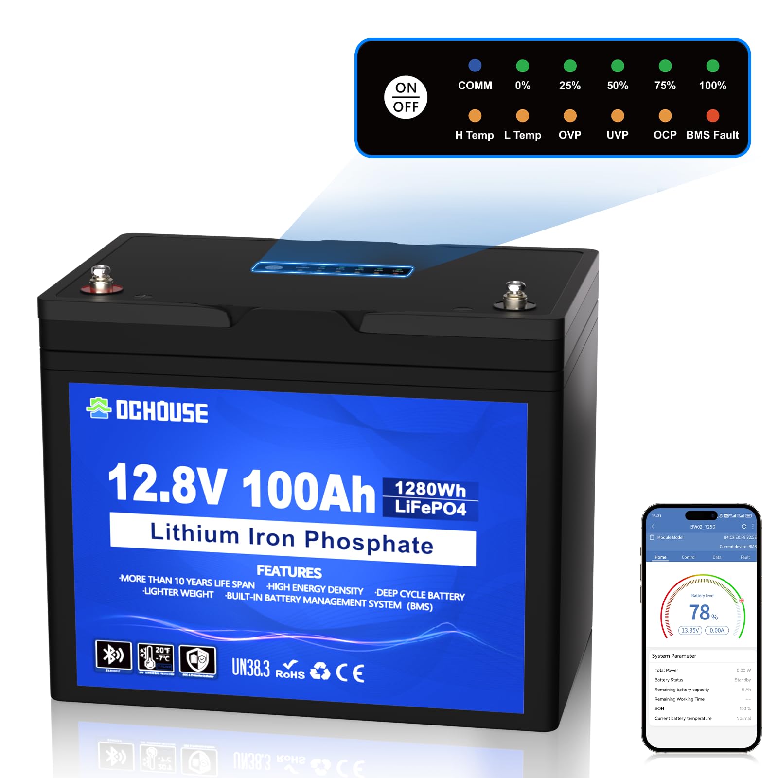 DCHOUSE 12V 100Ah LiFePO4 Bluetooth Lithium Batterie mit SOC-Leuchte und BMS-Anzeige, Niedertemperaturschutz,eingebaut in 100A Smart BMS, für Trolling-Motor, Wohnmobil, Solaranlage von DCHOUSE