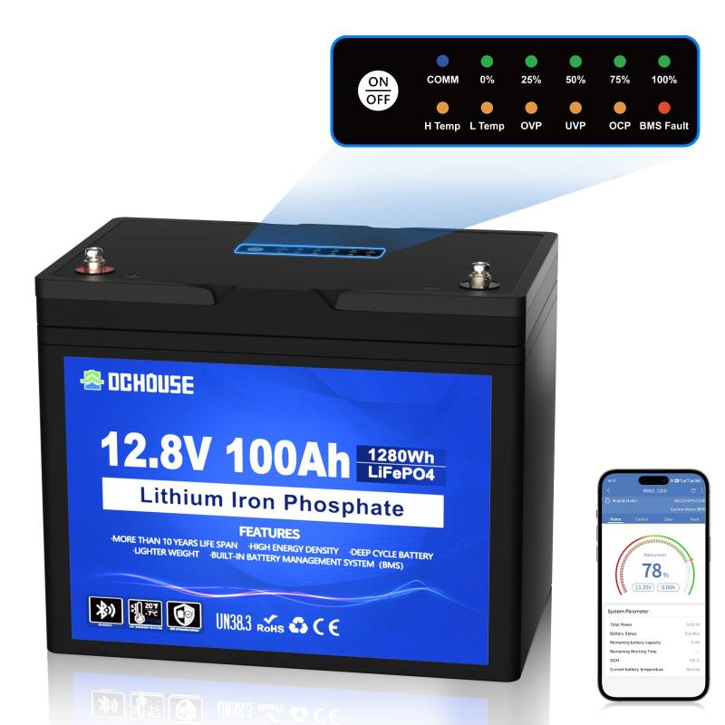 DCHOUSE 12V 100Ah LiFePO4 Bluetooth Lithium Batterie mit SOC-Leuchte und BMS-Anzeige, Niedertemperaturschutz,eingebaut in 100A Smart BMS, für Trolling-Motor, Wohnmobil, Solaranlage von DCHOUSE