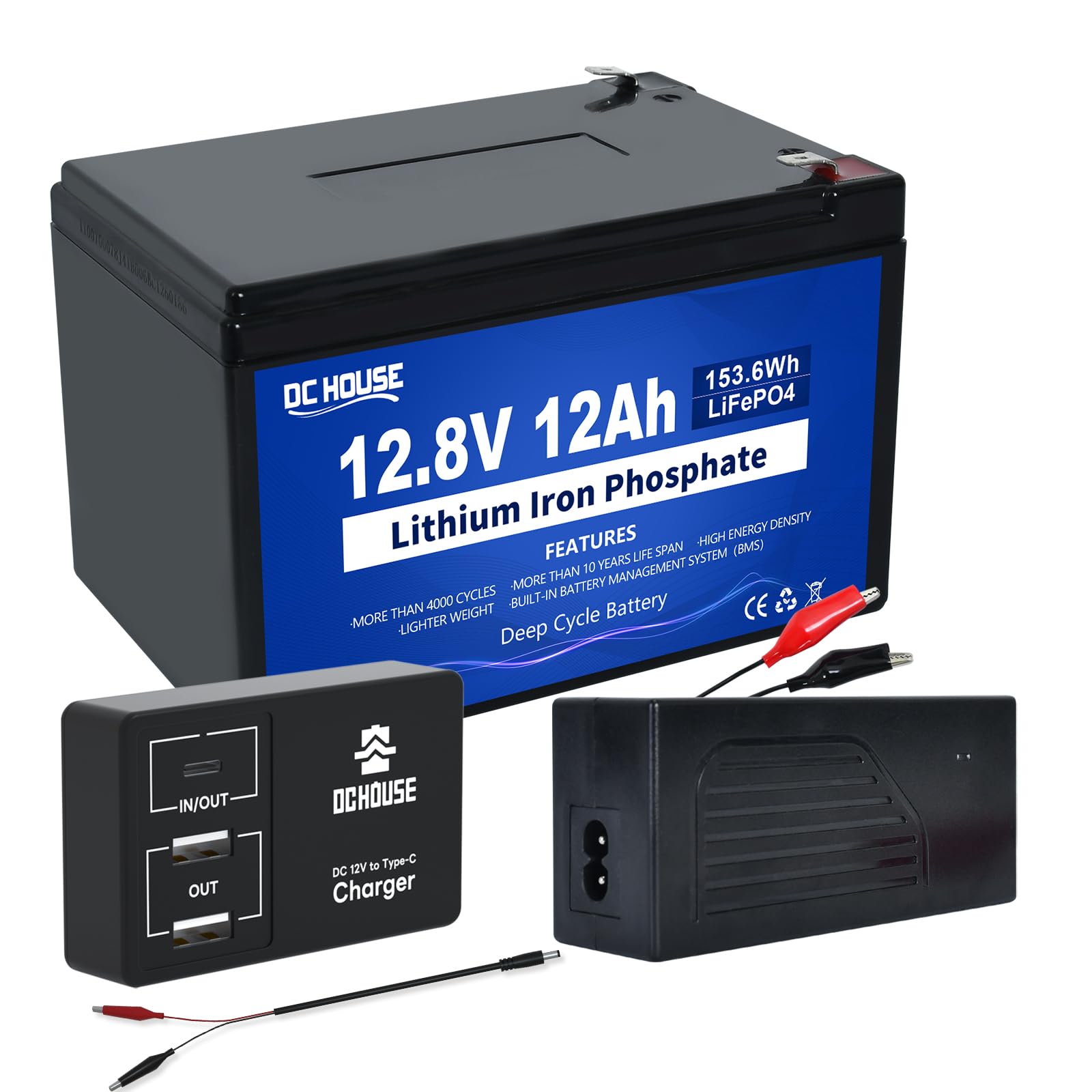 DCHOUSE 12V 12Ah LiFePO4 Lithium Batterie,mit 4A Ladegerät，DC 12V zu Typ-C & USB Batterie Adapter Konverter,Solarbetriebene wiederaufladbare, Perfekt für Off-Grid System, Wohnmobil, Home Alarm von DCHOUSE