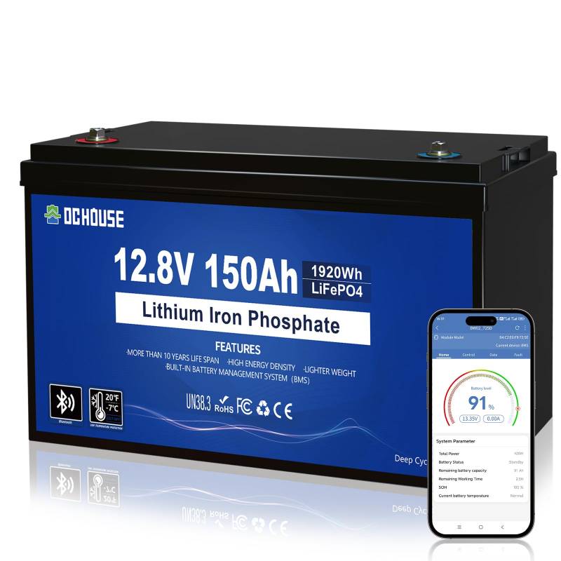 DCHOUSE 12V 150Ah LiFePO4 Lithium Batterie mit Bluetooth,Tieftemperaturschutz,4000-10000 Zyklen Deep CycleLithiumbatterie, perfekt für Wohnmobile,Solaranlagen,Wohnwagen, Trolling-Motoren von DCHOUSE