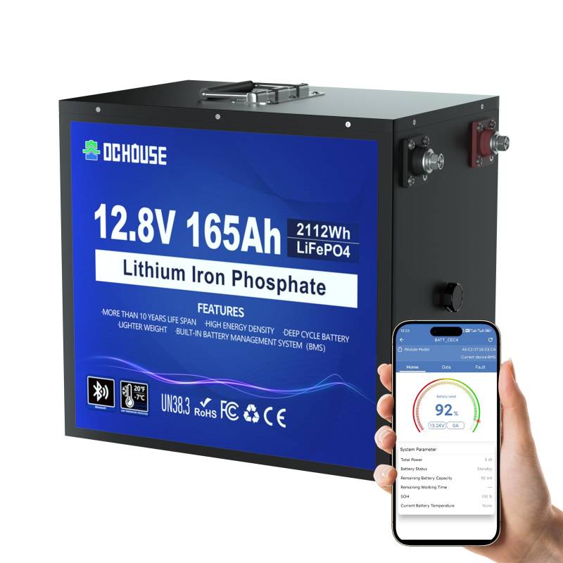 DCHOUSE 12V 165Ah LiFePO4 Lithium Batterie, Bluetooth & Niedrigtemperaturschutz, sichere Metallhülle, 12V Lithium Batterie mit bis zu 15000 Zyklen, 120A BMS, für Trolling Motoren, Marine, RV, Solar von DCHOUSE