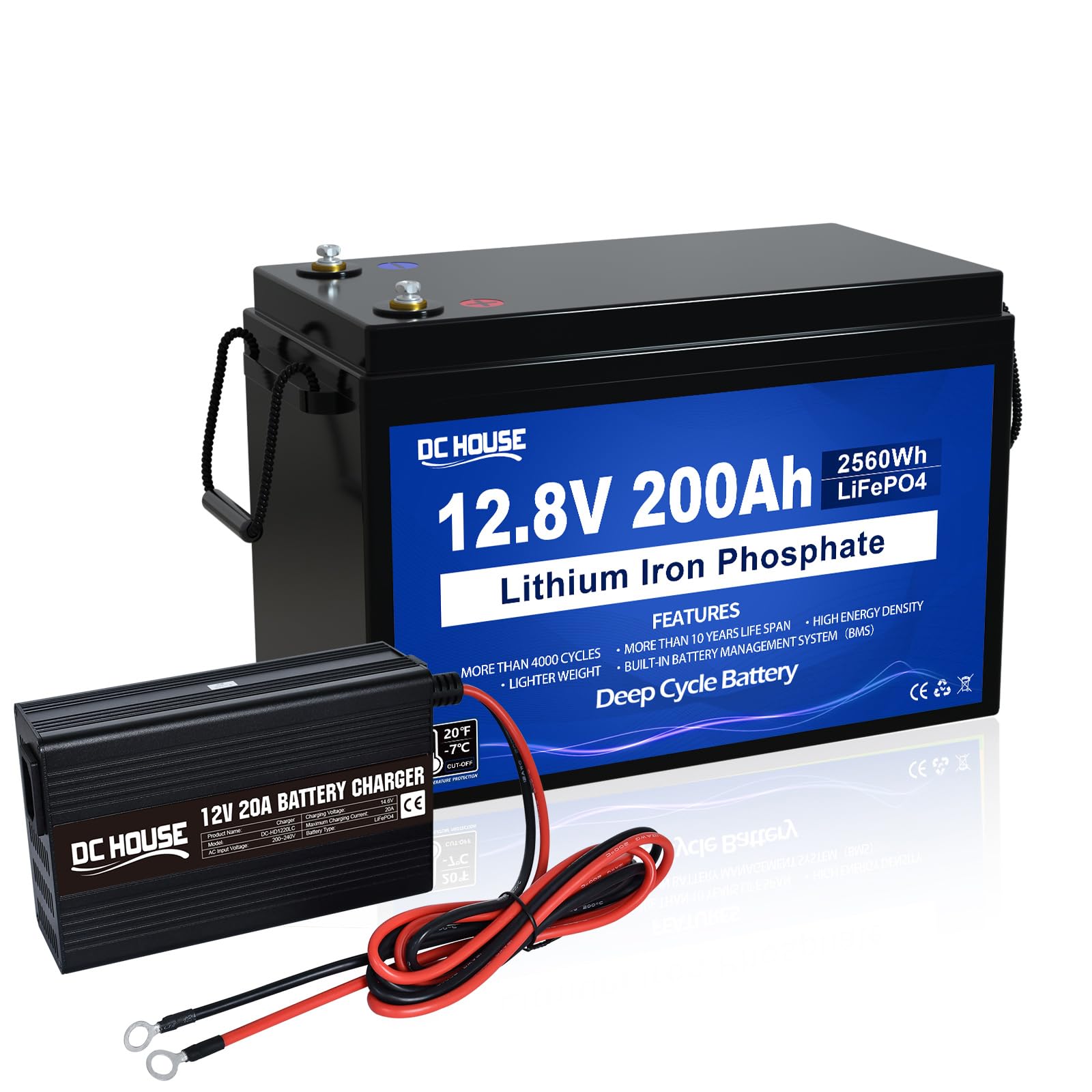 DCHOUSE 12V 200Ah LiFePO4 Batterie mit 20A Ladegeräte, Lithiumbatterie 12V mit über 4000 Mal Tiefzyklen und BMS Schutz für Wohnmobile,Solaranlagen,Wohnwagen, netzunabhängige Anwendungen von DCHOUSE