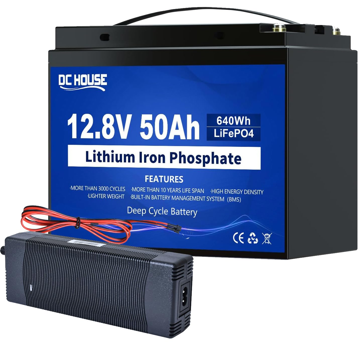 DCHOUSE 12V 50Ah Lithium LiFePO4 Batterie mit 10A Batterie Ladegeräte, integriertes BMS, mehr als 4000 Zyklen, perfekt für Boot, Marine, Trolling Motor, Camping, Solaranlage,Wohnmobil, Fischfinder von DCHOUSE