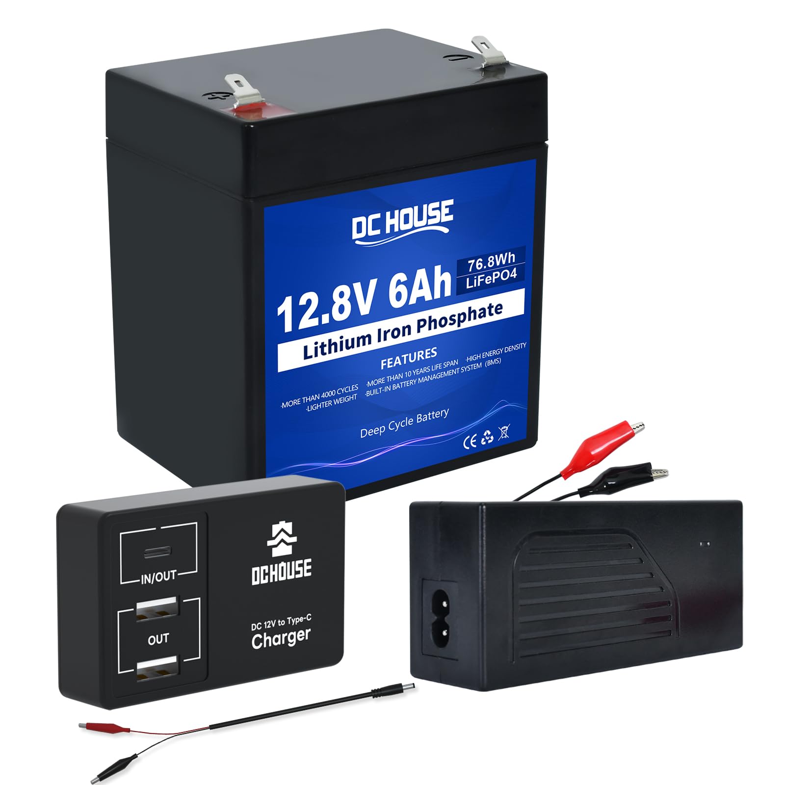 DCHOUSE 12V 6Ah LiFePO4 Batterie mit 4A Batterie Ladegeräte, DC 12V zu Typ-C & USB Batterie Adapter Konverter,BMS-Schutz für Wohnmobile, Golfwagen, Rasenmäher, Solarpanel, Camping von DCHOUSE