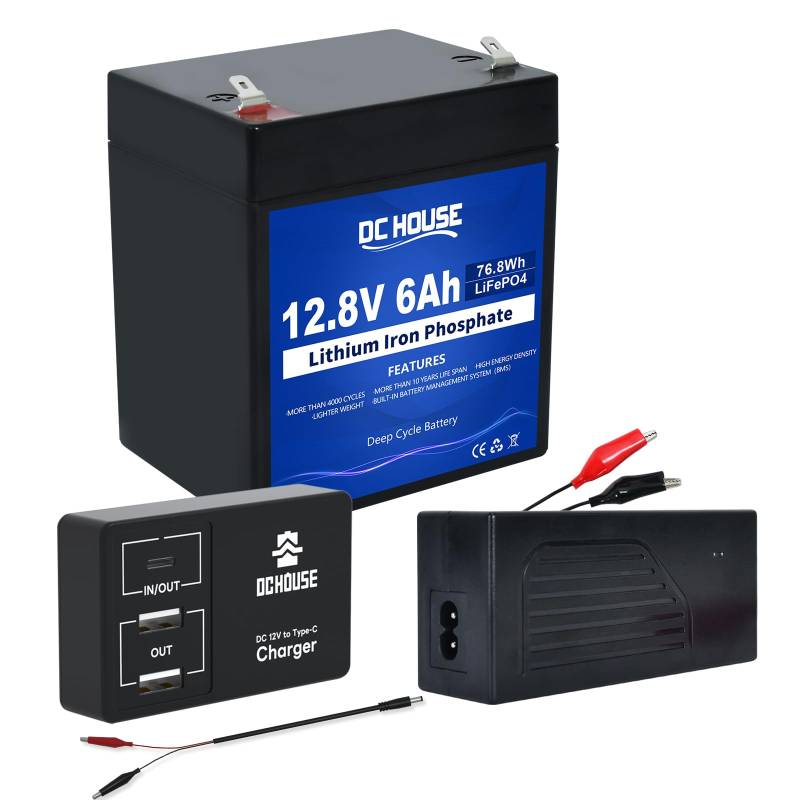 DCHOUSE 12V 6Ah LiFePO4 Batterie mit 4A Batterie Ladegeräte, DC 12V zu Typ-C & USB Batterie Adapter Konverter,BMS-Schutz für Wohnmobile, Golfwagen, Rasenmäher, Solarpanel, Camping von DCHOUSE