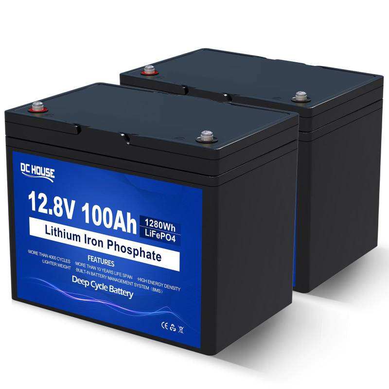 DCHOUSE 2Pack 12V 100Ah LiFePO4 Batterie, verbessertes 100A BMS, Bis zu 15000 Zyklen, 1280Wh Lithium Akku, perfekt für Golfwagen, Trolling Motor, Boote, Camping, Solaranlagen von DCHOUSE