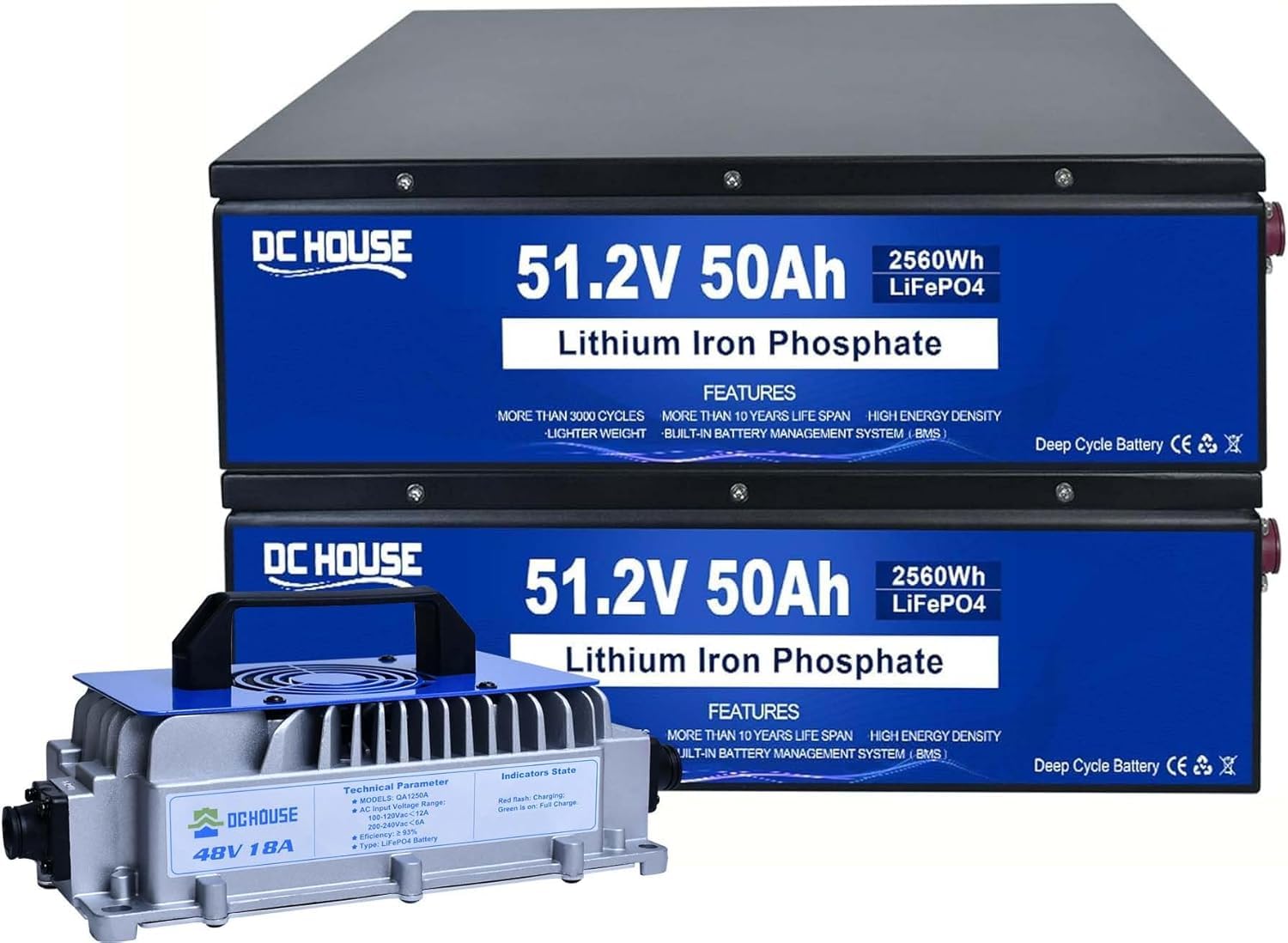 DCHOUSE 48V 100Ah(2 Pack 48V 50Ah) LiFePO4 Golfwagenbatterie mit 18A Ladegerät,integriertes 50A BMS, Lithiumbatterie perfekt für Wohnmobile, Karren, Trolling-Motoren, Solarhäuser und netzunabhängige von DCHOUSE