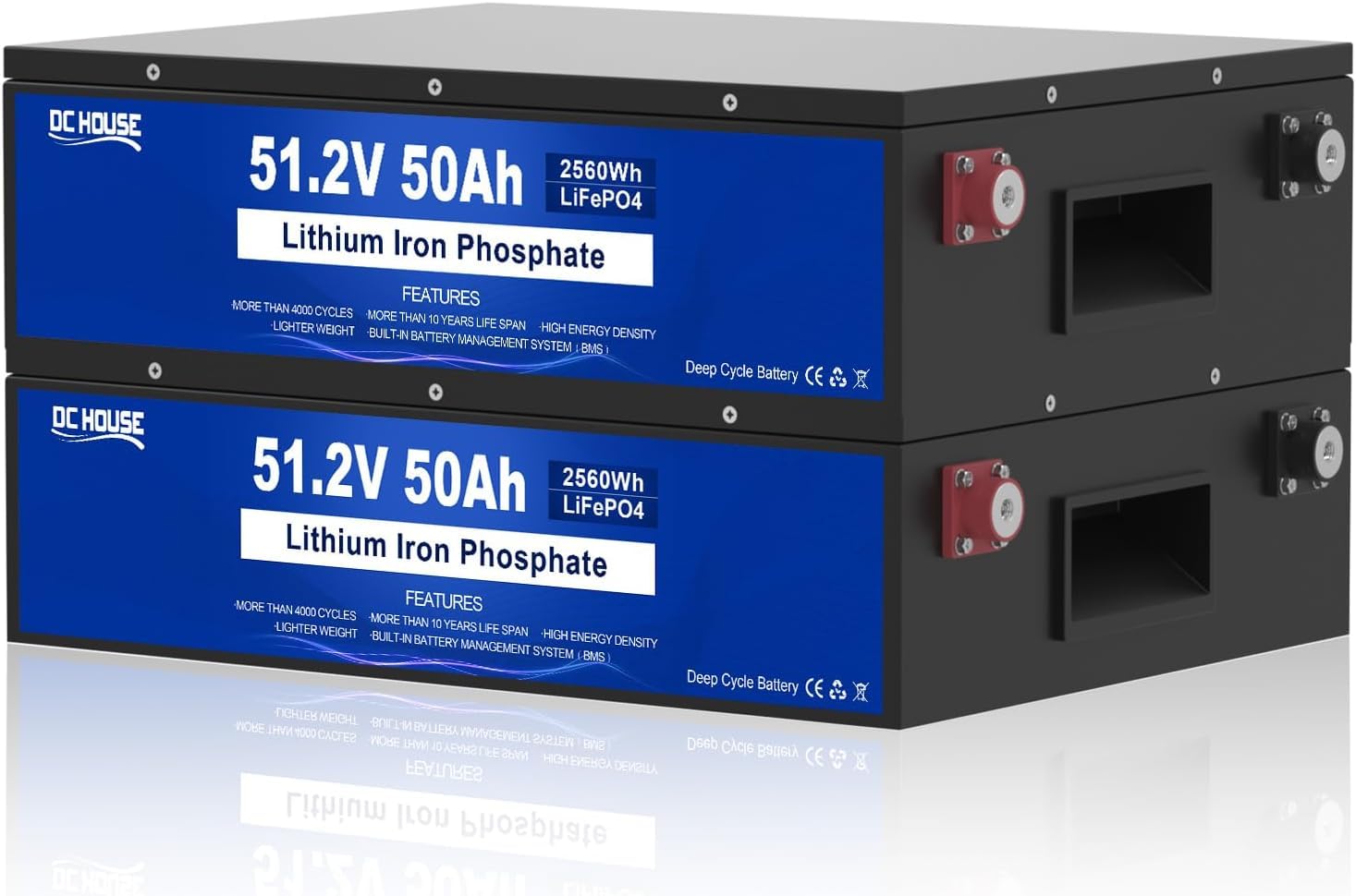 DCHOUSE 48V 100Ah (2 Pack 50AH) LiFePO4 Batterie, wiederaufladbarer Akku mit mehr als 4000 Zyklen, integriertes BMS, ideal für Golfwagen, Rasenmäher, Wohnmobile, Solaranlage, E-Scooter, Camping von DCHOUSE