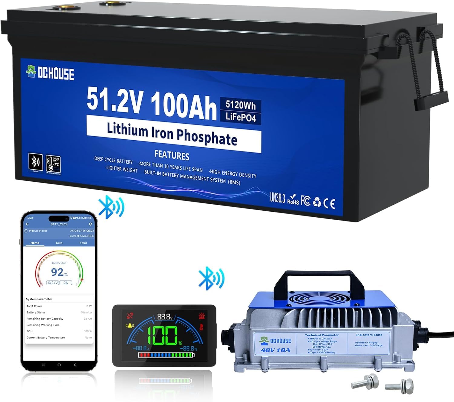 DCHOUSE 48V 100Ah Lifepo4 Golfwagen Lithium Batterie, mit 48V 18A Lithium Batterie Ladegerät, integriertes Smart 200A BMS, LCD-Monitor & Mobile APP, Spitzenstrom 600A von DCHOUSE