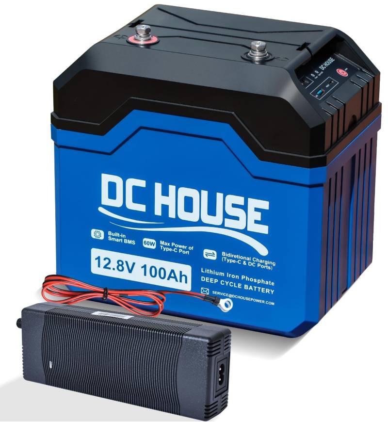 DCHOUSE LiFePO4 100Ah 12V Lithium Batterie mit 10A Batterie Ladegeräte, Bis zu 15000 Zyklen, 1280Wh Lithium Batterie, für Trolling-Motoren, Wohnmobile, Solaranlage,Camping,Off-Grid von DCHOUSE