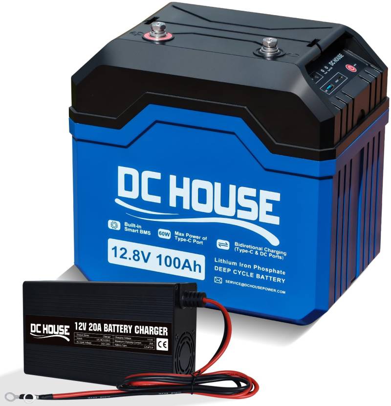 DCHOUSE LiFePO4 100Ah 12V Lithium Batterie mit 20A Batterie Ladegeräte, Bis zu 15000 Zyklen, 1280Wh Lithium Batterie, für Trolling-Motoren, Wohnmobile, Solaranlage,Camping,Off-Grid von DCHOUSE