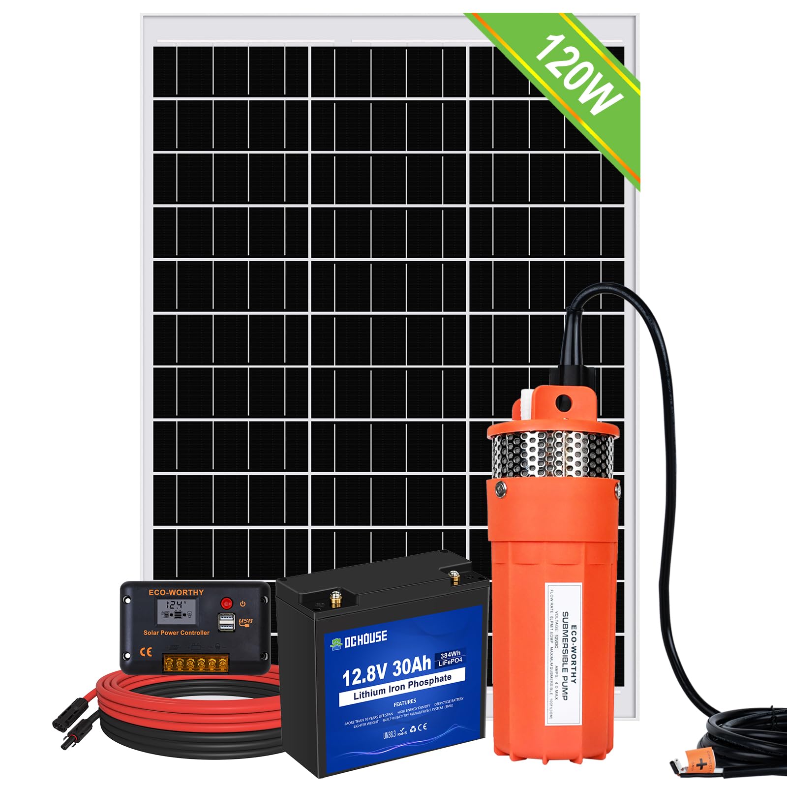 DCHOUSE Solar-Brunnenpumpen-Set mit Batterie-Backup, 12 V Solar-Wasserpumpe + 120 W Solarpanel-Set + 24 Ah Batterie + 20 A Controller für Brunnen, Bewässerung, Wassertank füllen von DCHOUSE