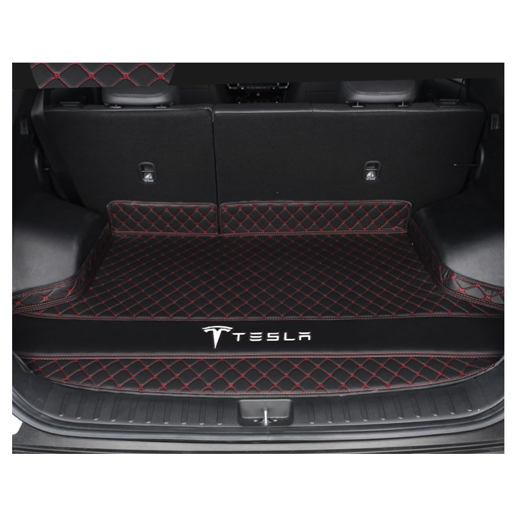 Auto Leder Kofferraummatten für Tesla Model X(7seats) 2015-2018, Verschleißfeste Kratzfeste Kofferraumschutz Gepäckmatte Teppiche Zubehör,B-Black Red von DCZBYCJ