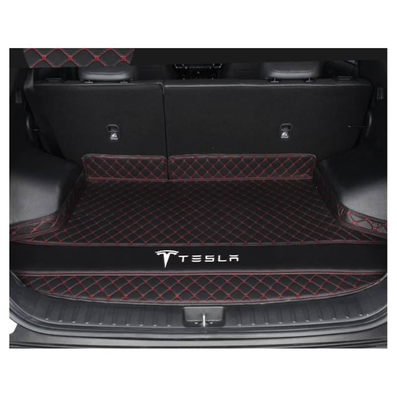 Auto Leder Kofferraummatten für Tesla Model X(7seats) 2015-2018, Verschleißfeste Kratzfeste Kofferraumschutz Gepäckmatte Teppiche Zubehör,B-Black Red von DCZBYCJ