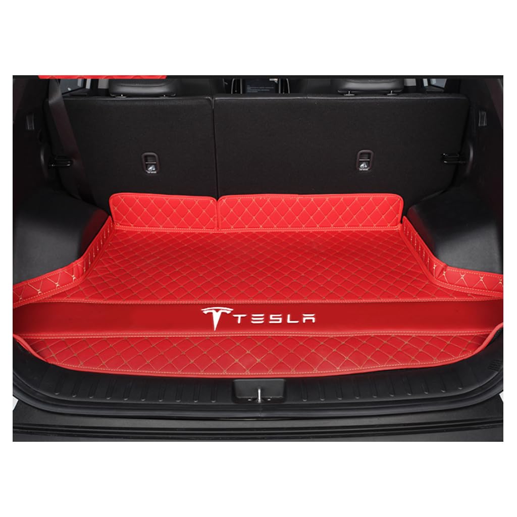 Auto Leder Kofferraummatten für Tesla Model X(7seats) 2015-2018, Verschleißfeste Kratzfeste Kofferraumschutz Gepäckmatte Teppiche Zubehör,F-Red von DCZBYCJ