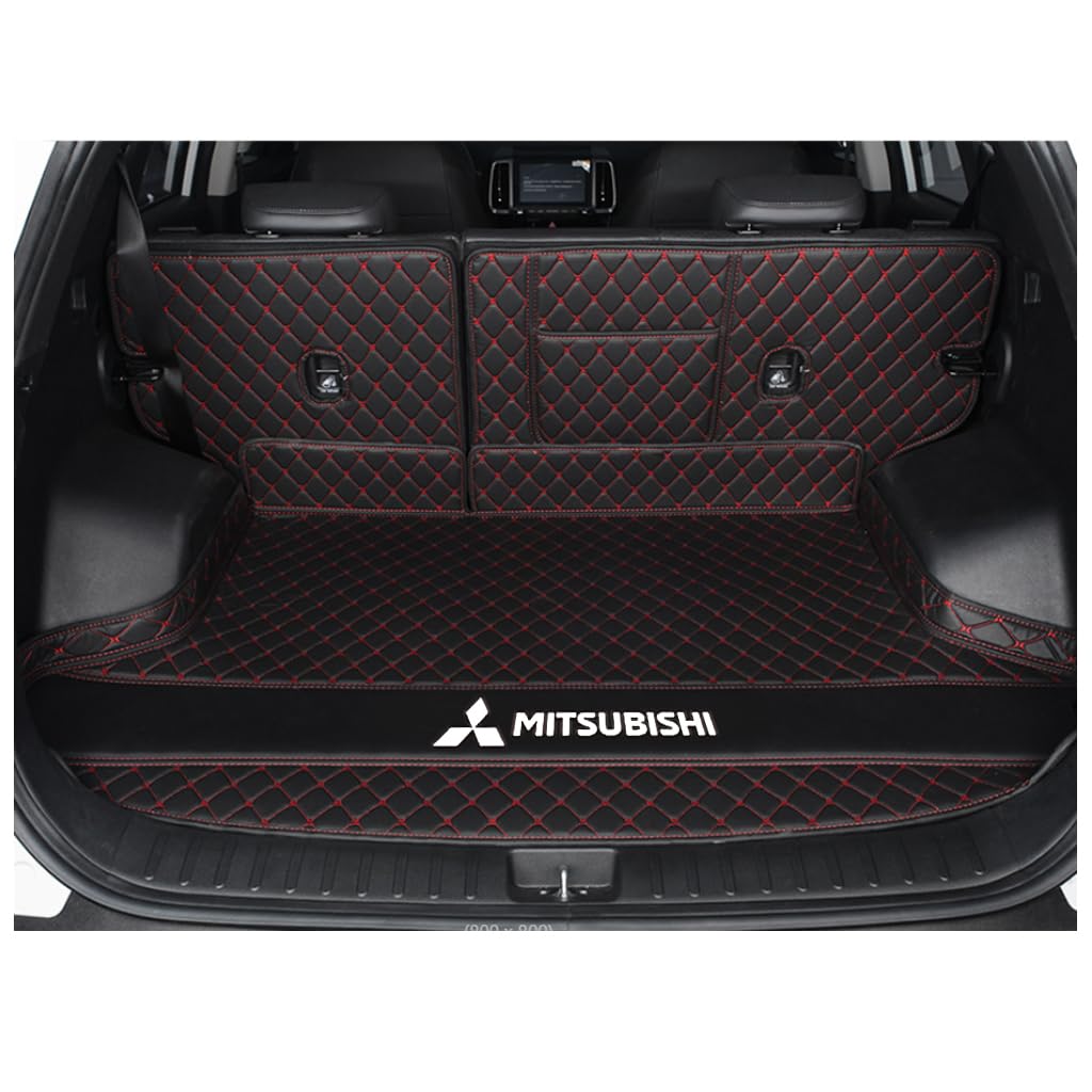 Vollabdeckung Auto Kofferraummatten für Mitsubishi Outlander 7seats(Low Configuration) 2016-2018, Auto Leder Kofferraummatten Kratzfeste Kofferraum Schutzmatten Zubehör,B-Black Red von DCZBYCJ