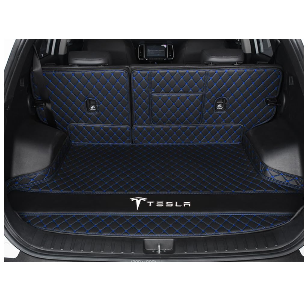 Vollabdeckung Auto Kofferraummatten für Tesla Model X (6 Seats) 2015-2018, Auto Leder Kofferraummatten Kratzfeste Kofferraum Schutzmatten Zubehör,C-Black Blue von DCZBYCJ