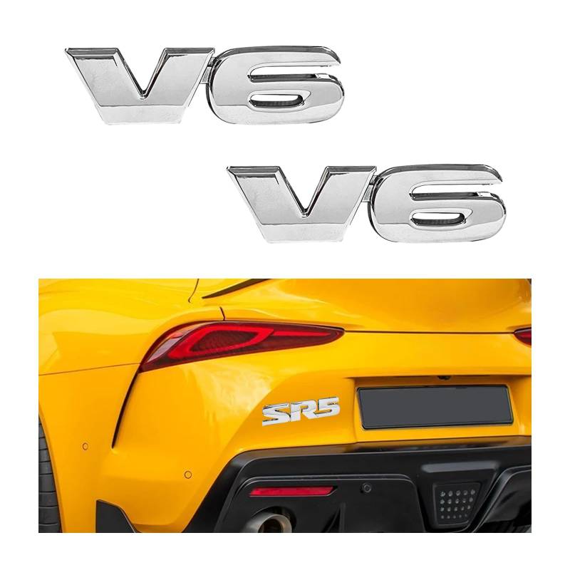 2 Stück 3D V6 Metall SR5 Emblem, Auto-Kotflügel-Seite Heckklappen-Abzeichen-Aufkleber, selbstklebender Auto-Aufkleber für Stoßstange, universelles Fahrzeug-Außendekor-Zubehör (V6-Silber) von DDDXF