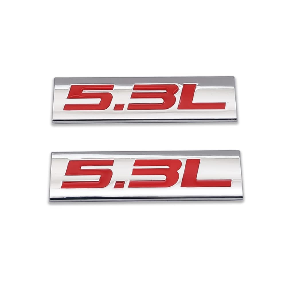 2 x Chrom-Metall-Logo, Auto-Emblem, Premium-3D-Abzeichen, Autotür-Schutzblech, Seitenflügel-Aufkleber (Silber und Rot, 5,3 l) von DDDXF