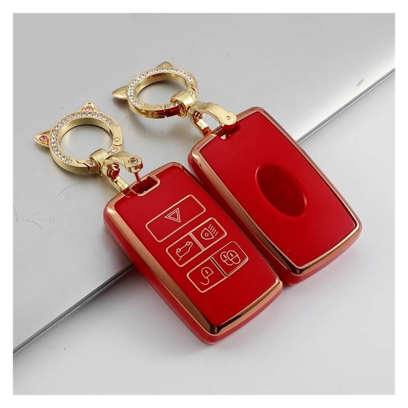 Auto Schlüsselgehäuse Für Land Rover Range Rover Evoque Discovery Sport 5 2018 2019 2020 TPU Auto Fernbedienung Schlüssel Fall Abdeckung Shell Fob Keychain Zubehör(Red with Chain) von DECFOIKN