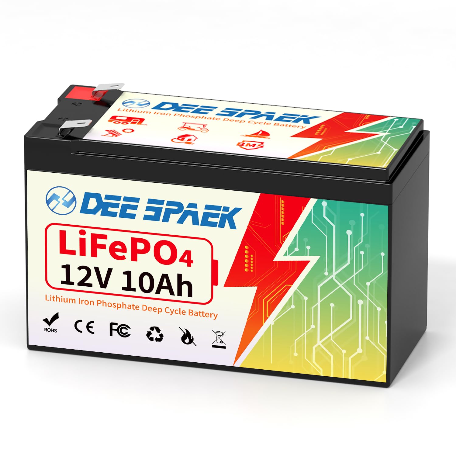 DEESPAEK 12V 10Ah Lithium LiFePO4 Batterie Akku,12V Wiederaufladbare 4000+ Deep Cycle Lithium Eisen Phosphat Batterie,Eingebaute BMS mit A Grade Zelle für Fischfinder，Rasenmäher，Aufsitzspielzeug von DEESPAEK