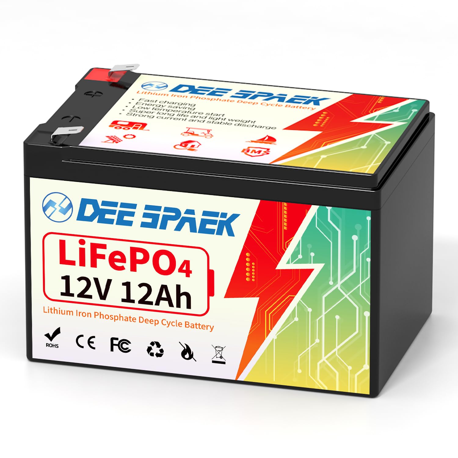 DEESPAEK 12V 12Ah Lithium LiFePO4 Batterie Akku,12V Wiederaufladbare 4000+ Deep Cycle Lithium Eisen Phosphat Batterie,Eingebaute BMS mit A Grade Zelle für Fischfinder，Rasenmäher，Aufsitzspielzeug von DEESPAEK