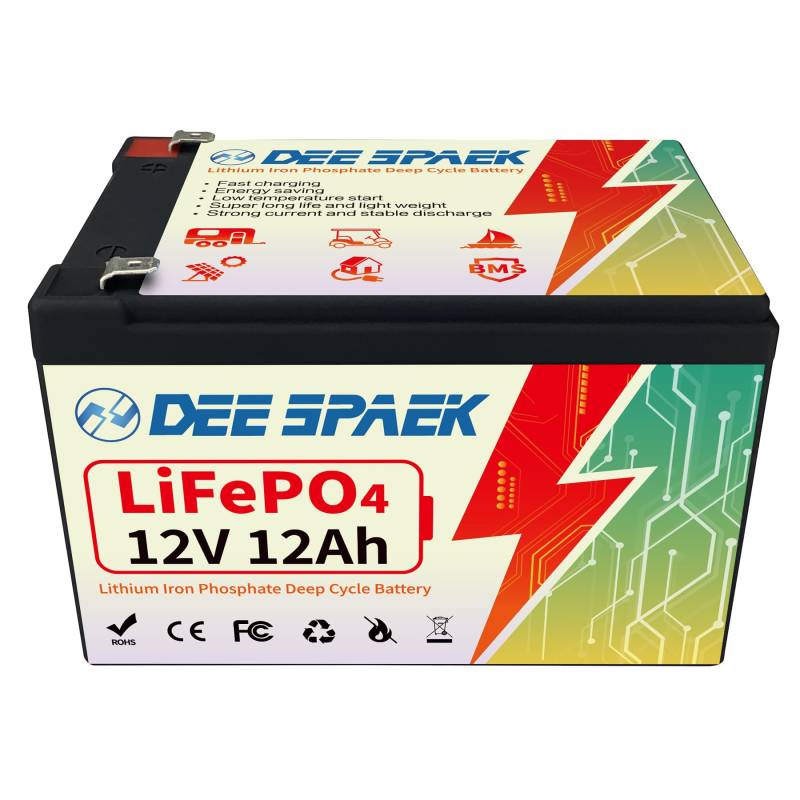 DEESPAEK LiFePO4 Batterie 12V 12Ah Lithium-Batterien mit 10A BMS, wiederaufladbare Deep Cycle, perfekt für Aufsitzspielzeug, Hausalarm, Backups und Radio von DEESPAEK