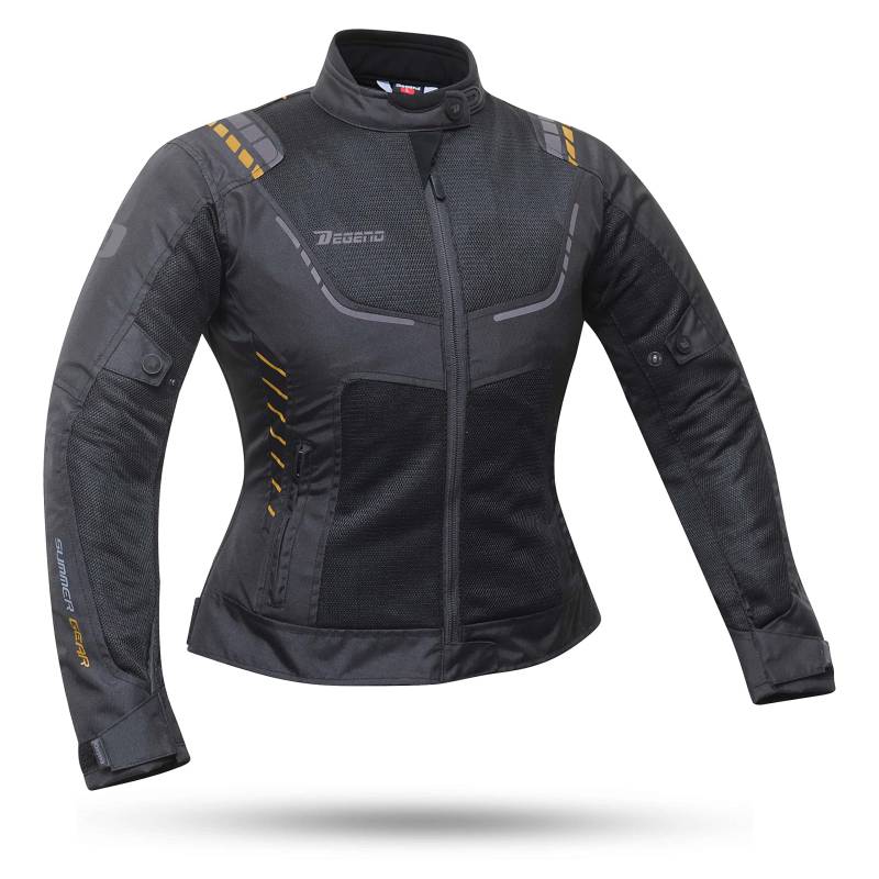 DEGEND BREEZE LADY | Motorradjacke für Damen für den Sommer mit PU-Protektoren + abnehmbarem wasserdichtem Futter, zugelassen - Schwarz Gold, XL von DEGEND