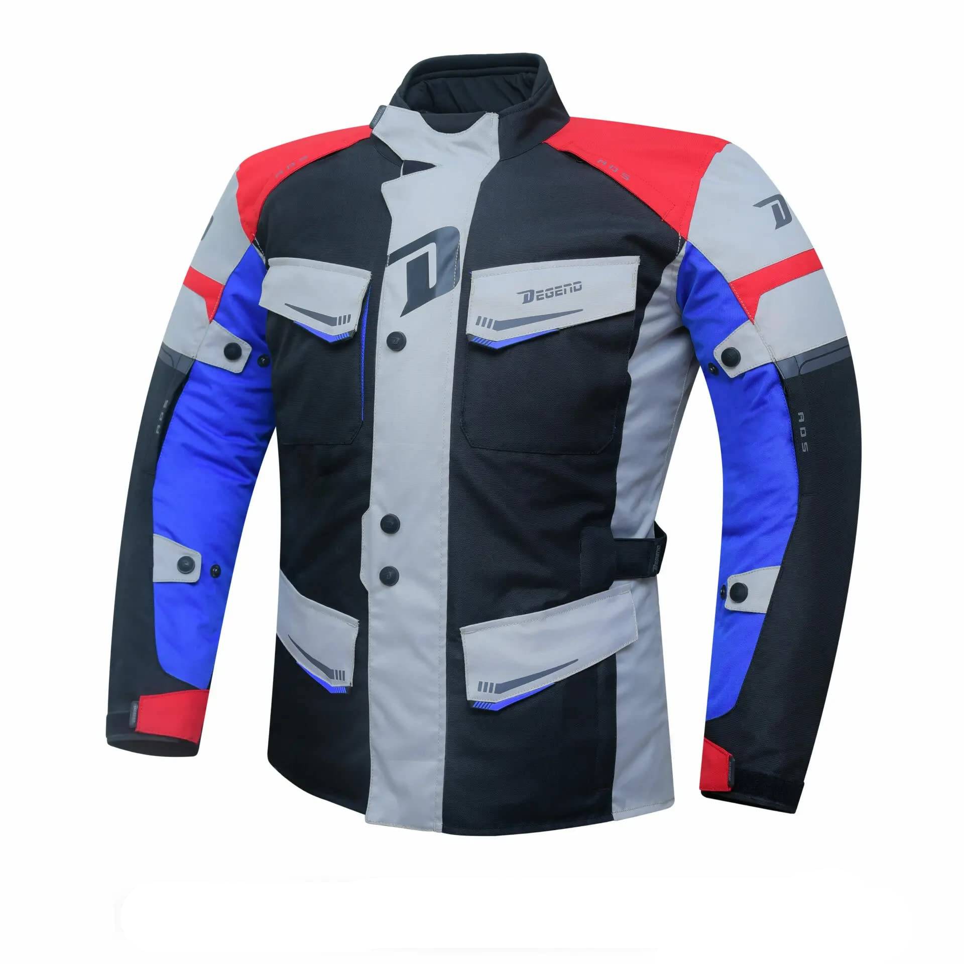 Travel Winterjacke für Herren | wasserdichte Motorradjacke mit Touring-Design | mehrere Taschen und Einstellungen für mehr Komfort | herausnehmbares Thermofutter, Ice/Schwarz/Rot und Blau, 6XL von DEGEND