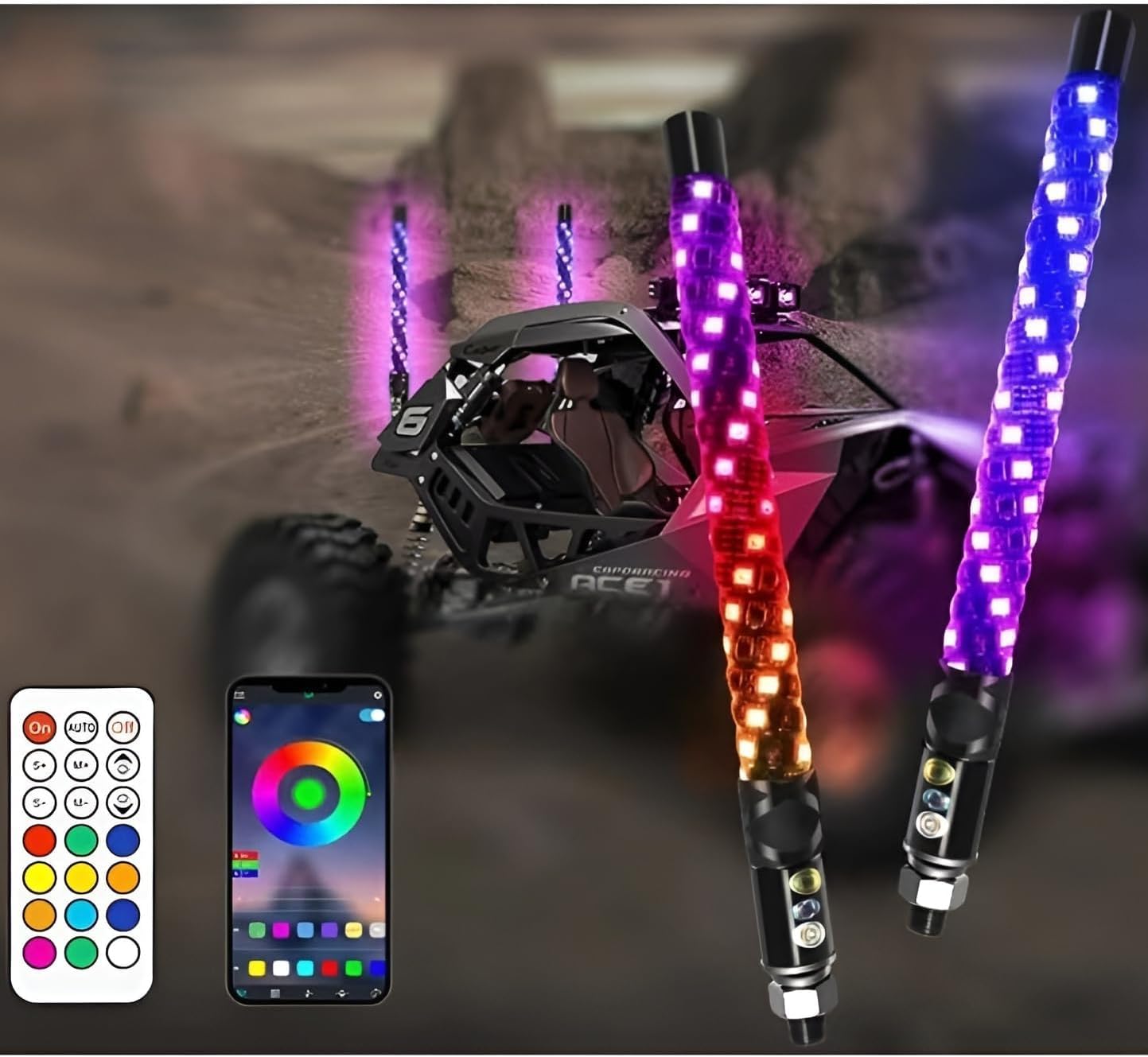 2 Stück Peitschenlichter, LED Peitschenlicht mit App & Fernbedienung, Spiral RGB Chasing beleuchtete Antennenpeitsche, Peitschenlicht für UTV ATV RZR SXS Can-Am Dune Buggy Offroad Truck (0,3 m) von DEISIR