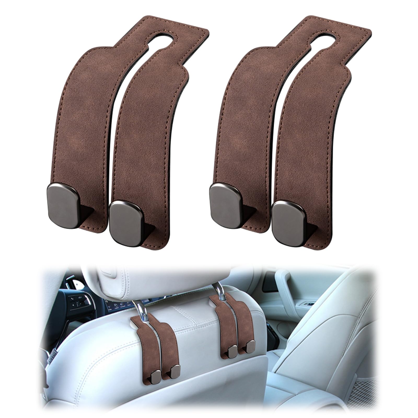 2 Stück Auto Kopfstützen Haken Leder Kopfstützenhaken für Auto Auto Lagerung Haken Auto Kleiderbügel Universal Auto Haken Aufbewahrungshaken für Autositz Taschenhalter Auto Taschenhaken (Braun) von DELAESI