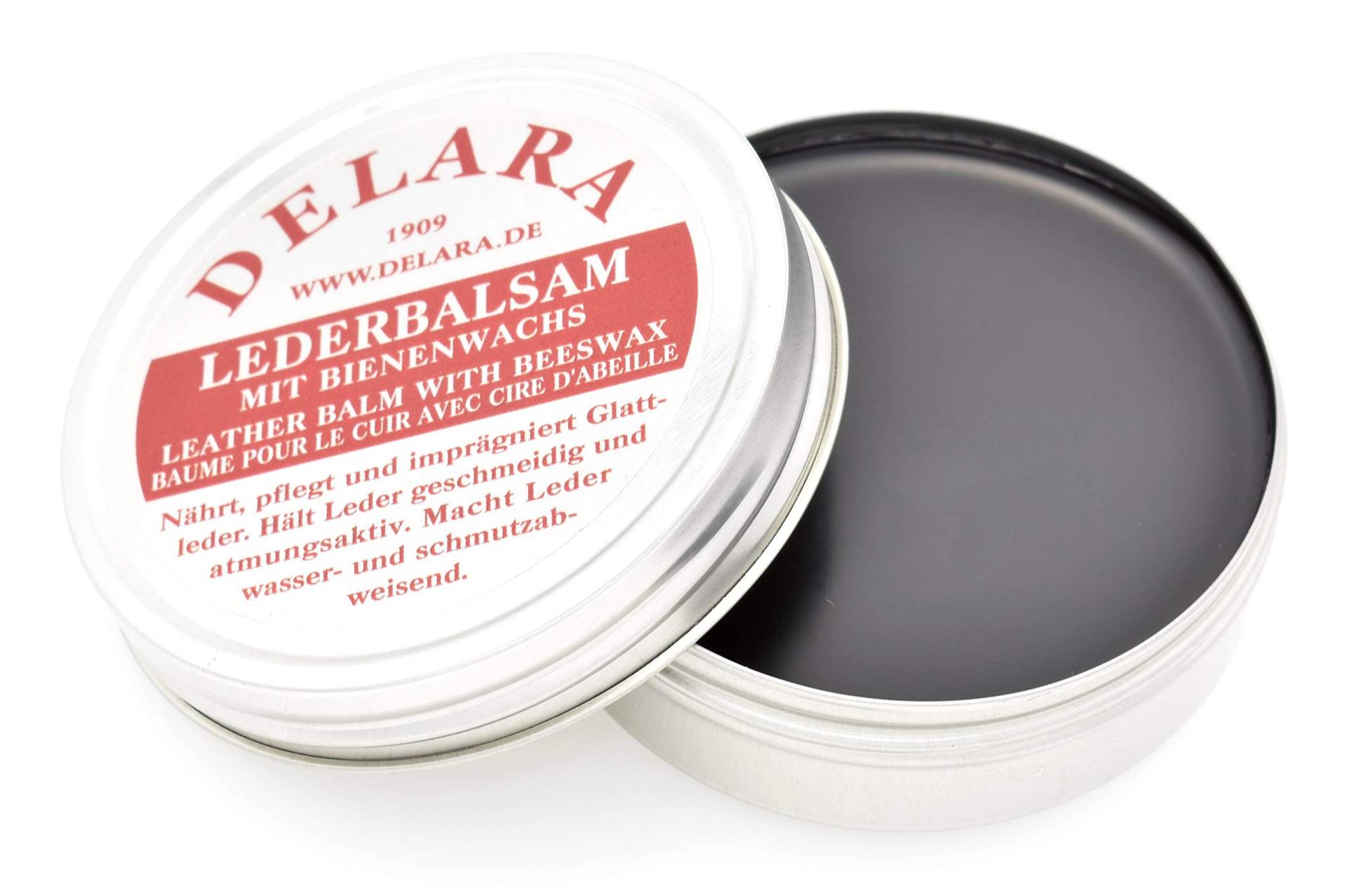 DELARA Lederbalsam mit hochwertigem Bienenwachs, Lederpflege, die das Leder weich, geschmeidig und atmungsaktiv Macht, 75 ml Dose, Farbe: Schwarz – Made in Germany von DELARA