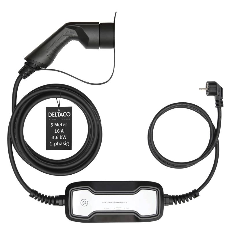 DELTACO Typ 2 EV-Ladekabel für E-Autos und Hybrid Fahrzeuge, Elektroauto Charger Mennekes Kabel, Kompatibel mit ID.3, ID.4, Zoe, E-Tron, Model S/3/X/Y, Leaf, Schutzkontaktstecker 3.6 kW, 5 Meter von DELTACO