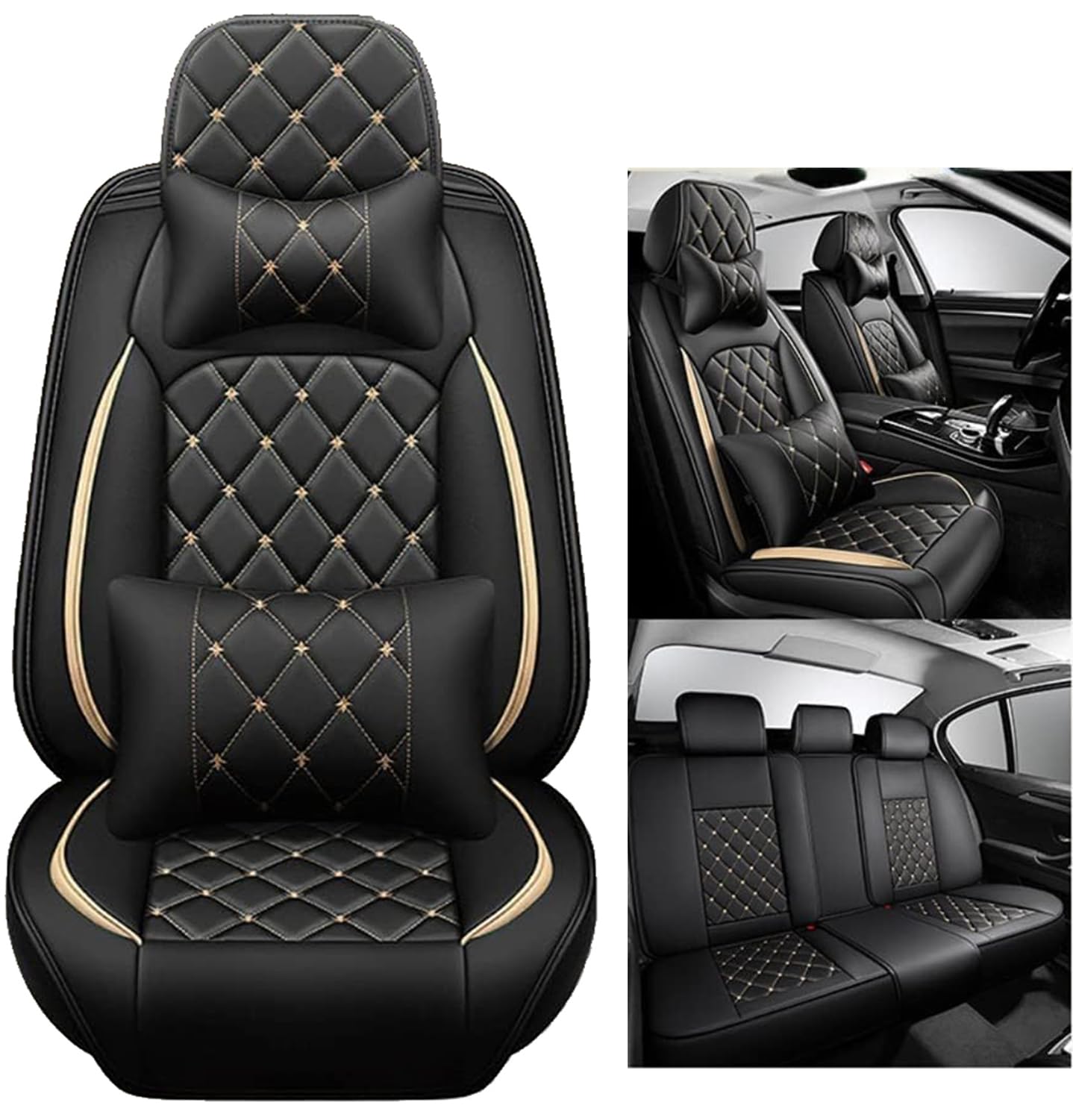 DENGG Sitzbezüge Auto Leder Autositzbezüge Universal Set für Opel Insignia A Sedan 2008 2009 2010 2011 2012 2013-2017, Kissen 5-Sitz Vorne Hinten Sitz Protektoren rutschfest,D Gold-Luxury von DENGG