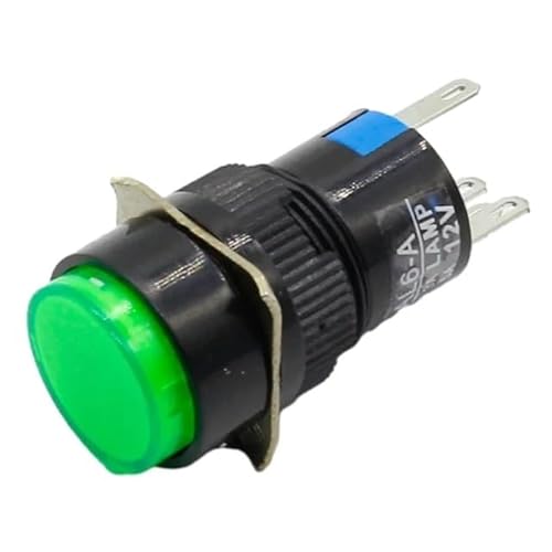 16mm DC 6V 12V 24V 220V LED Push Button Switch Blue Green Red Yellow White lamp Fixed Pushbutton Switches Latching Push On Start DERYLFGND(Green,6V) von DERYLFGND