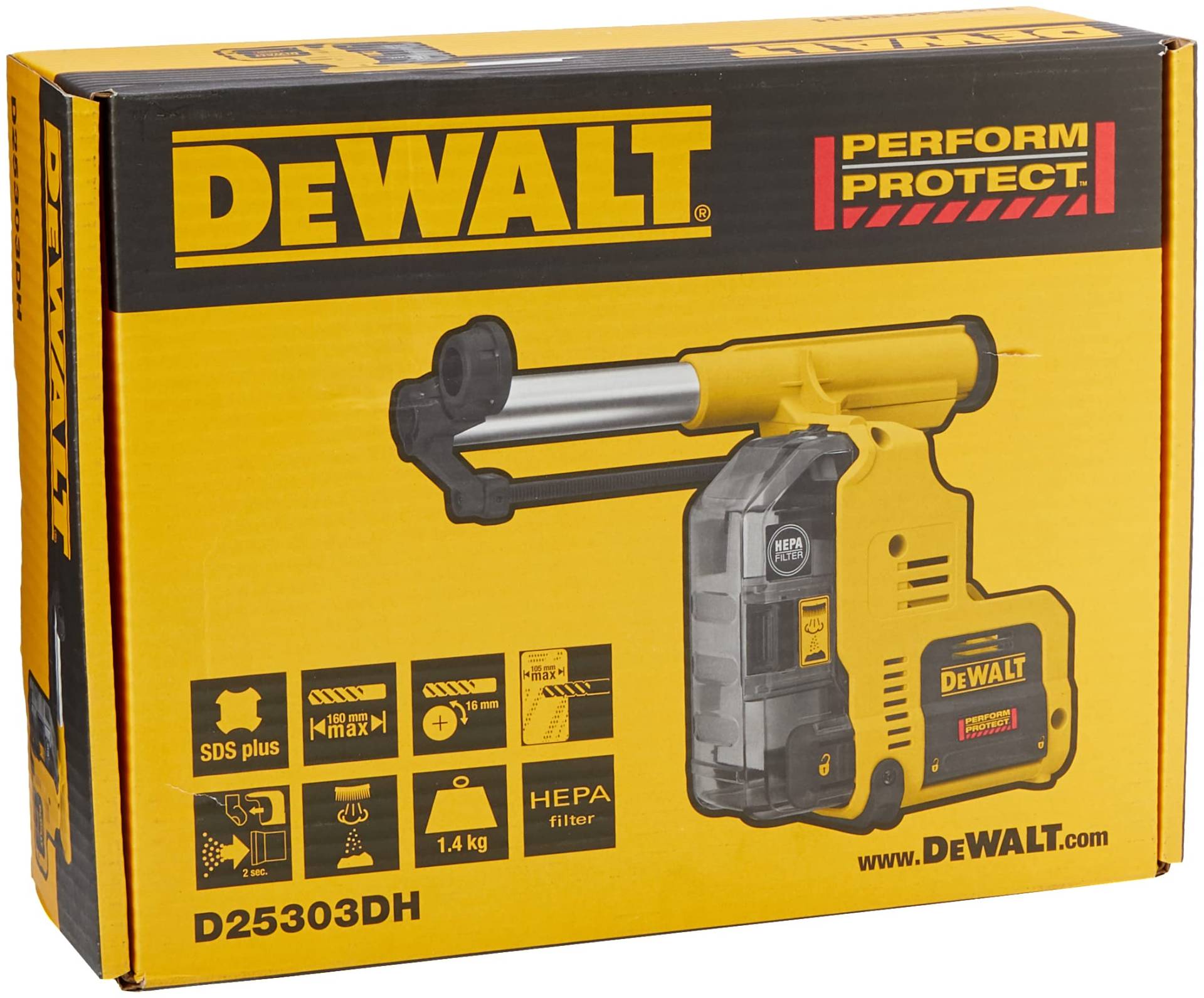 Dewalt Staubabsaugung für SDS-Plus Akku-Kombihämmer D25303DH (passend zu DCH273 und DCH274, werkzeuglos zu befestigen, HEPA-Filter, Antrieb durch eigenen Motor, Ideal für Überkopf-Arbeiten) von DEWALT