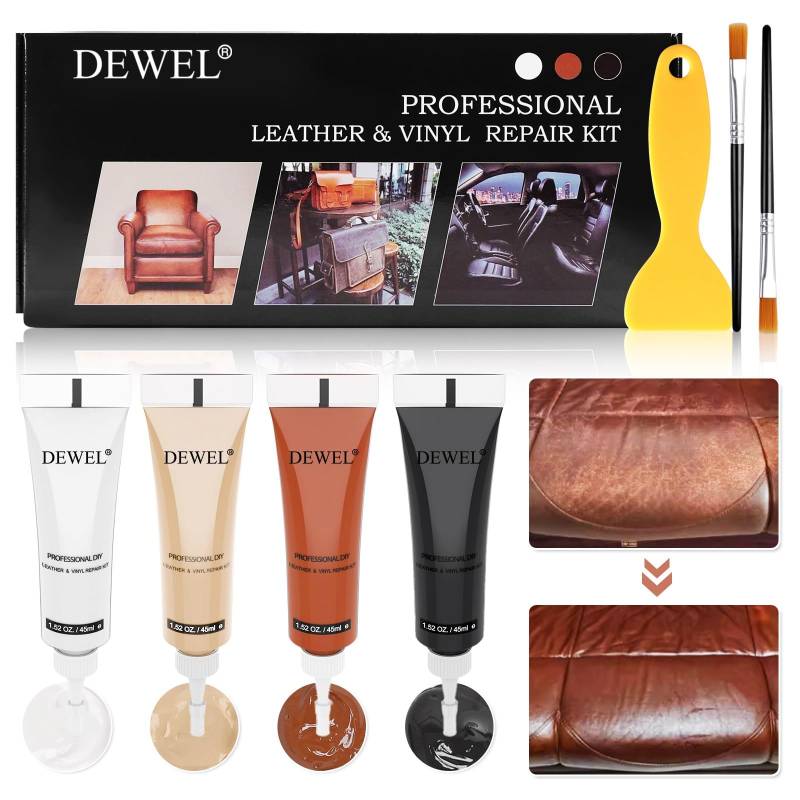 DEWEL Leder Reparatur Set, Furniture Repair Kit, Vinyl und Lederreparaturset für Autositz, Möbel, Sofas, Lederjacke, Jacken, Lederreparatur Creme (4 Farben × 45 ML) von DEWEL