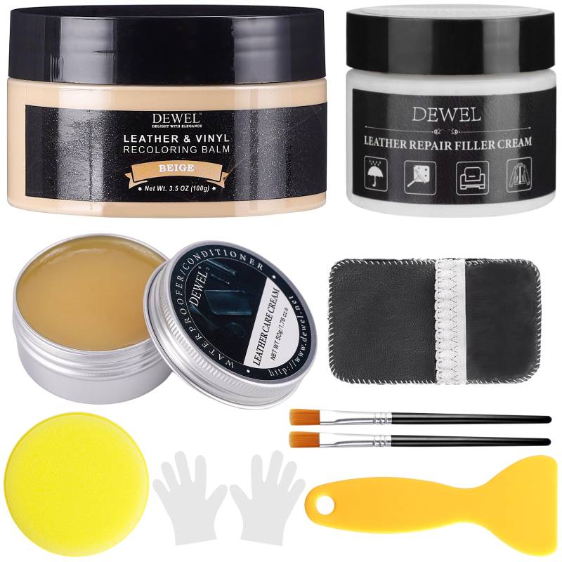 DEWEL Leder Reparatur Set Lederpflege 100g Leder Farbbalsam Beige Kunstleder Reparaturset mit 50g Lederreparaturpaste 50g Lederöl,für Leder Restaurierung Risse Löcher von Sofas Autos Jacken Schuhen von DEWEL