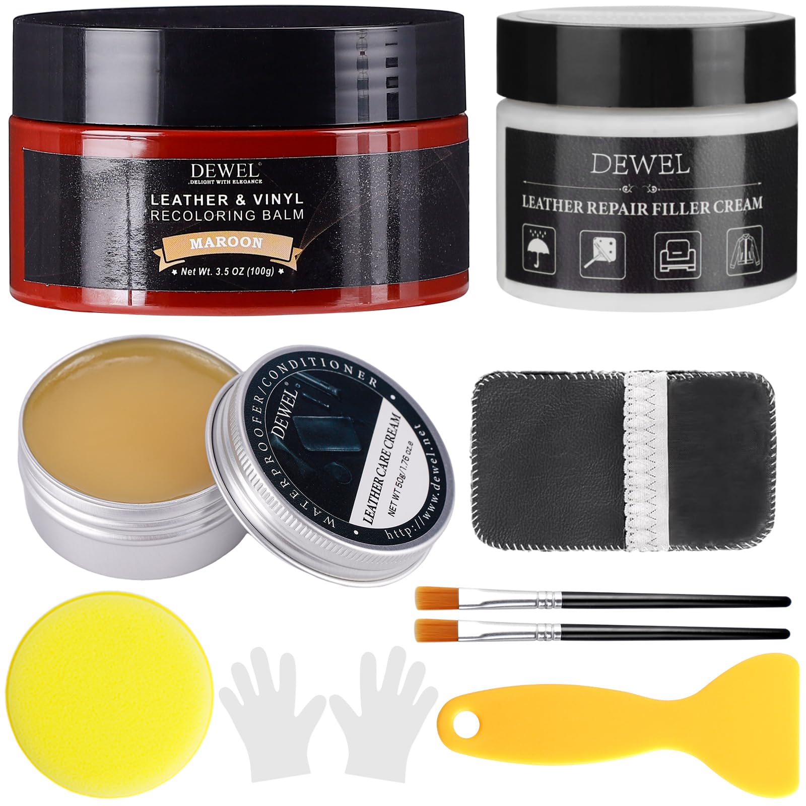 DEWEL Leder Reparatur Set Lederpflege 100g Leder Farbbalsam Rötlichbraun Kunstleder Reparaturset mit 50g Lederreparaturpaste 50g Lederöl,für Leder Restaurierung Risse Löcher von Sofas Autos Jacken von DEWEL