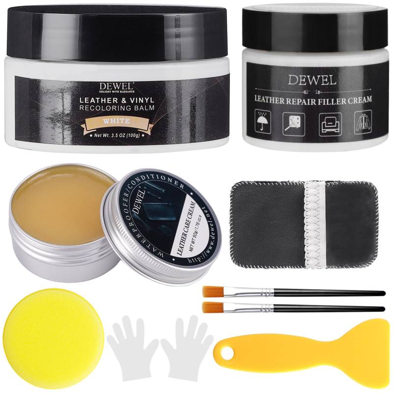 DEWEL Leder Reparatur Set Lederpflege 100g Leder Farbbalsam Weiß Kunstleder Reparaturset mit 50g Lederreparaturpaste 50g Lederöl,für Leder Restaurierung Risse Löcher von Sofas Autos Jacken Schuhen von DEWEL