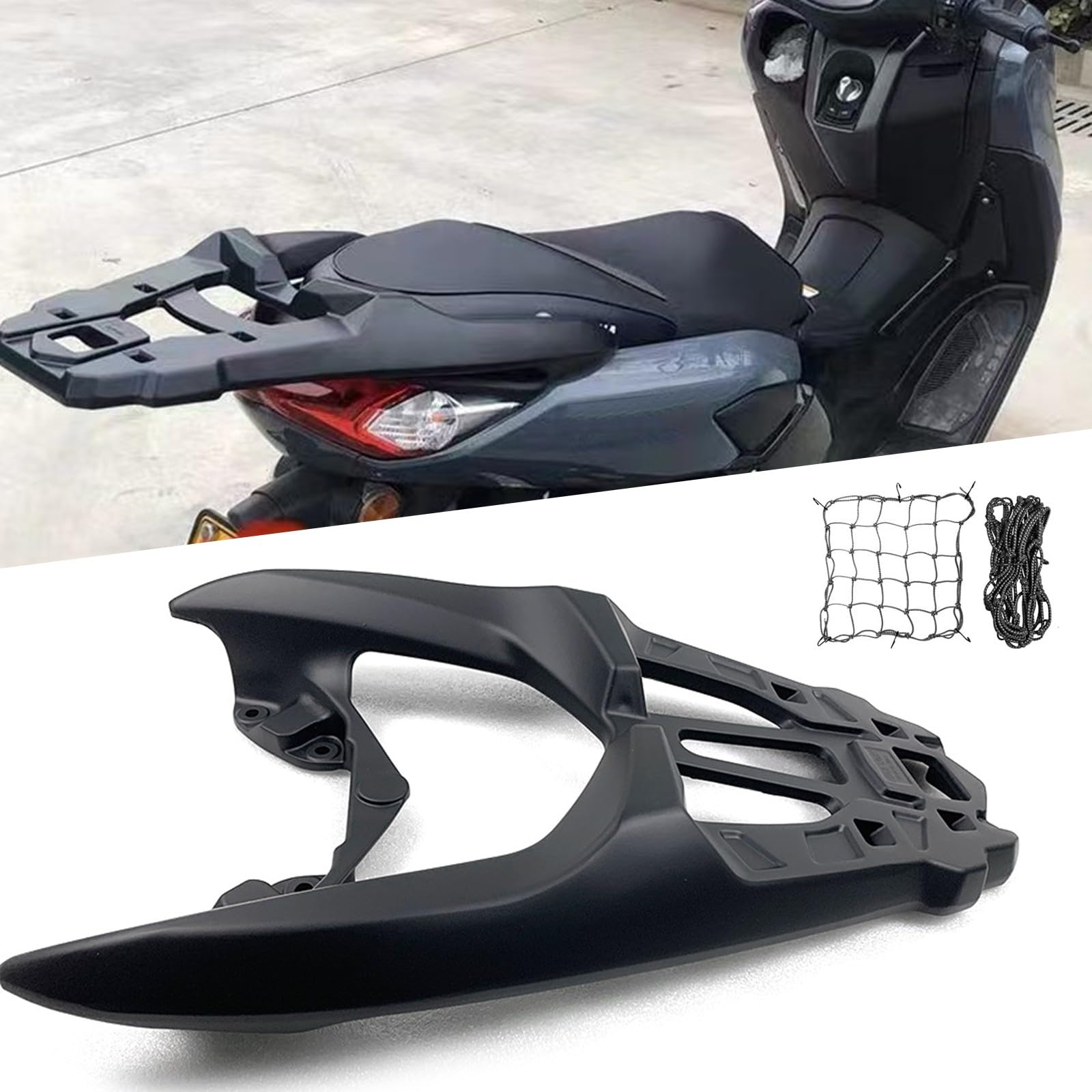 2024 Upgrade-Leichtmetall-Gepäckträger für Motorräder, erweiterte Regalhalterung mit reflektierenden Ladungsnetzen, passend für Yamaha NMAX 155 2015–2024, stanzfreie Installation(20-24) von DFFMQSJ