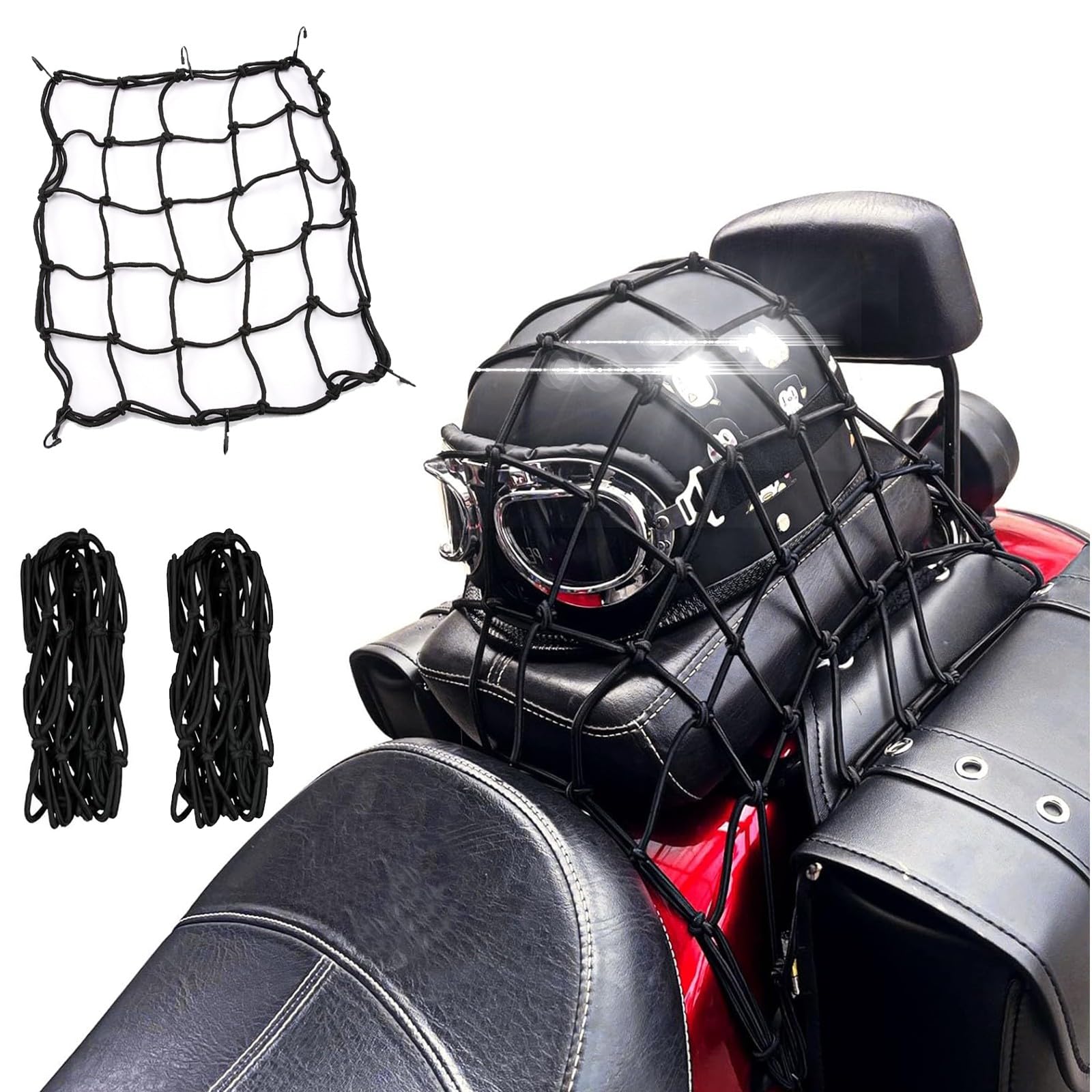 DFFMQSJ 2-teiliges Motorrad-Ladungsnetz, 16 x 16 Zoll, hochelastisches Ladungsnetz mit 6 verstellbaren Haken, Schwarze Bungee-Gepäcknetze für Helm, Fracht, Kurierpaket, Haustierbox, Auto(Black) von DFFMQSJ