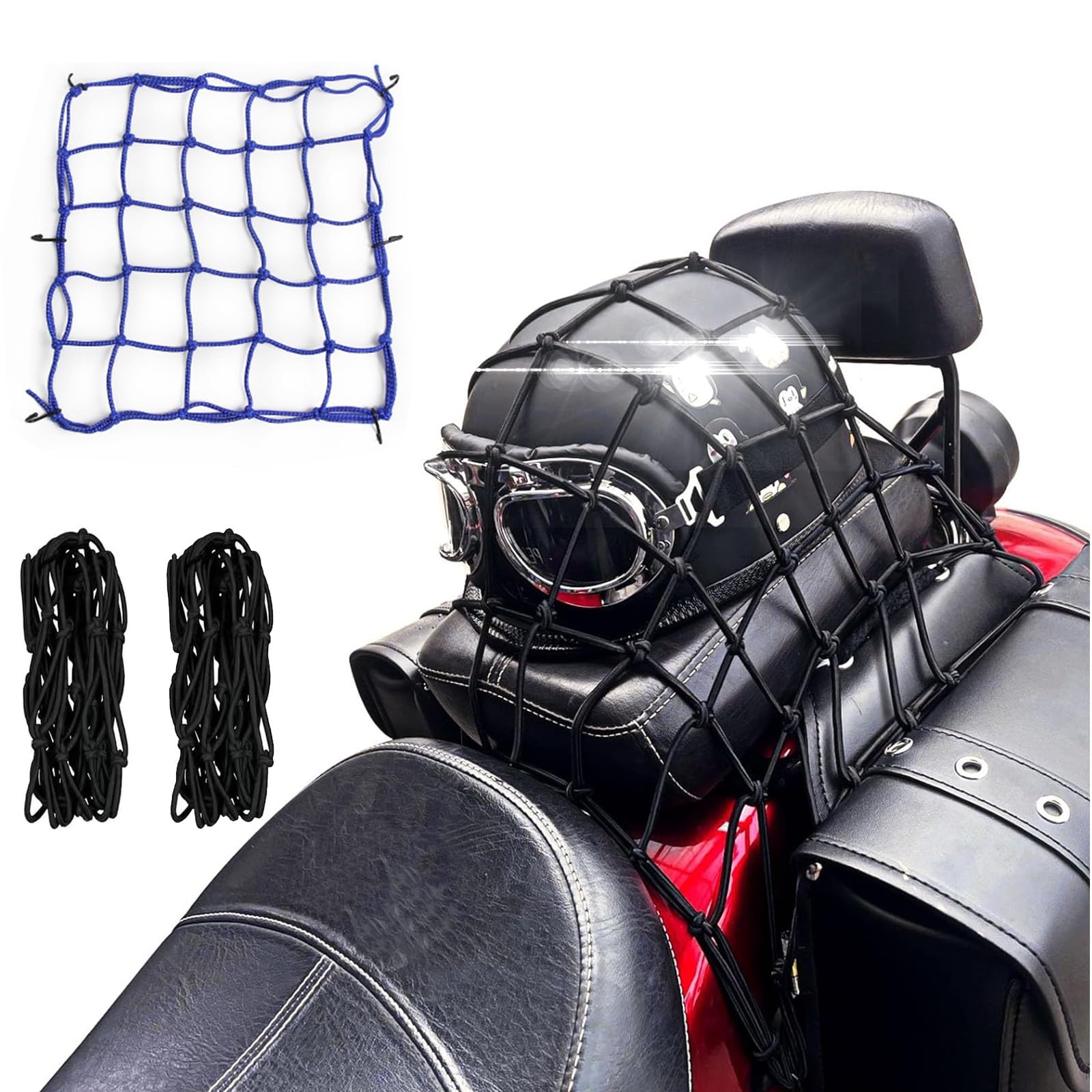 DFFMQSJ 2-teiliges Motorrad-Ladungsnetz, 16 x 16 Zoll, hochelastisches Ladungsnetz mit 6 verstellbaren Haken, Schwarze Bungee-Gepäcknetze für Helm, Fracht, Kurierpaket, Haustierbox, Auto(Blue) von DFFMQSJ