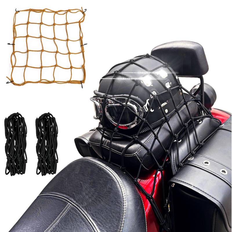 DFFMQSJ 2-teiliges Motorrad-Ladungsnetz, 16 x 16 Zoll, hochelastisches Ladungsnetz mit 6 verstellbaren Haken, Schwarze Bungee-Gepäcknetze für Helm, Fracht, Kurierpaket, Haustierbox, Auto(Yellow) von DFFMQSJ