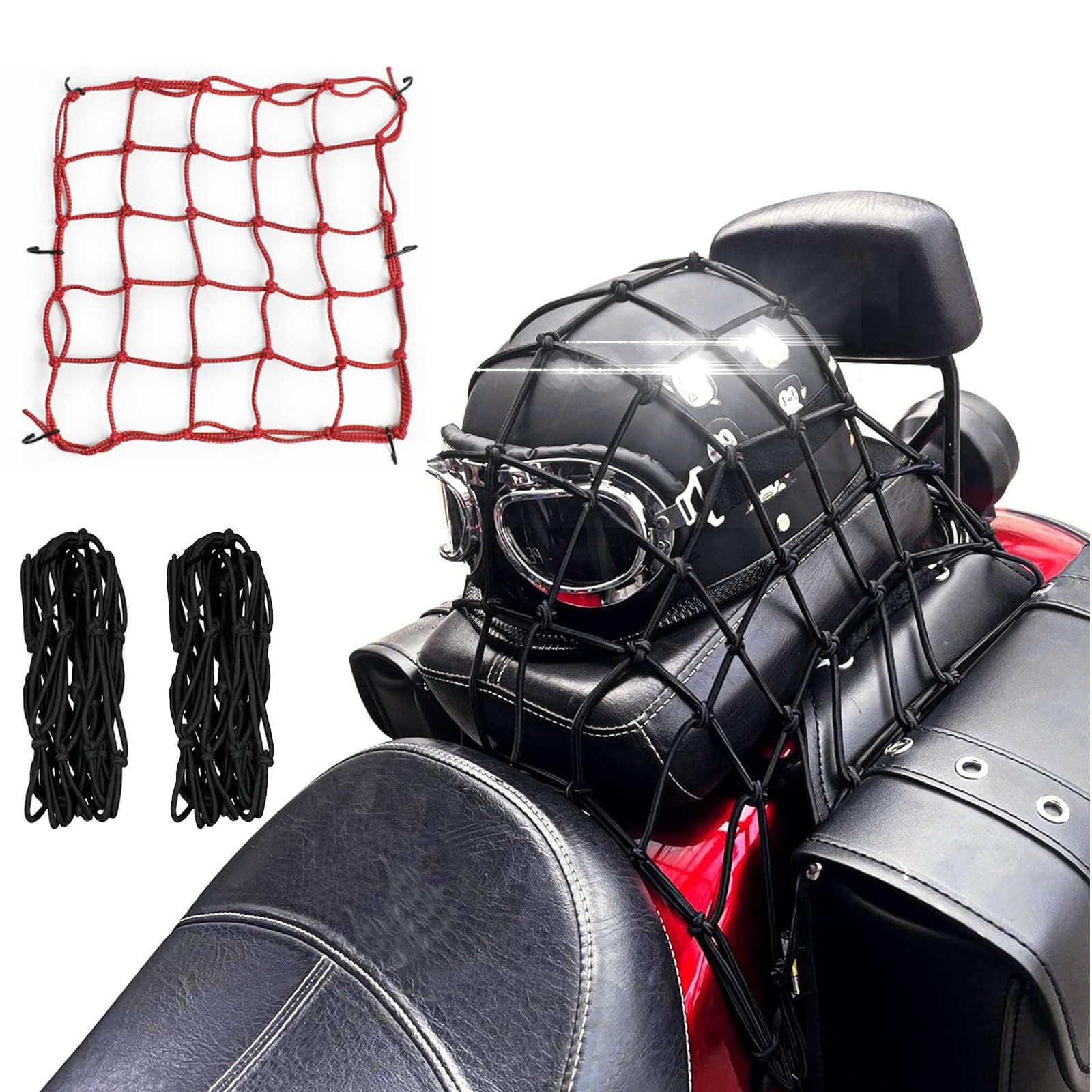 DFFMQSJ 2-teiliges Motorrad-Ladungsnetz, 16 x 16 Zoll, hochelastisches Ladungsnetz mit 6 verstellbaren Haken, Schwarze Bungee-Gepäcknetze für Helm, Fracht, Kurierpaket, Haustierbox, Auto(red) von DFFMQSJ