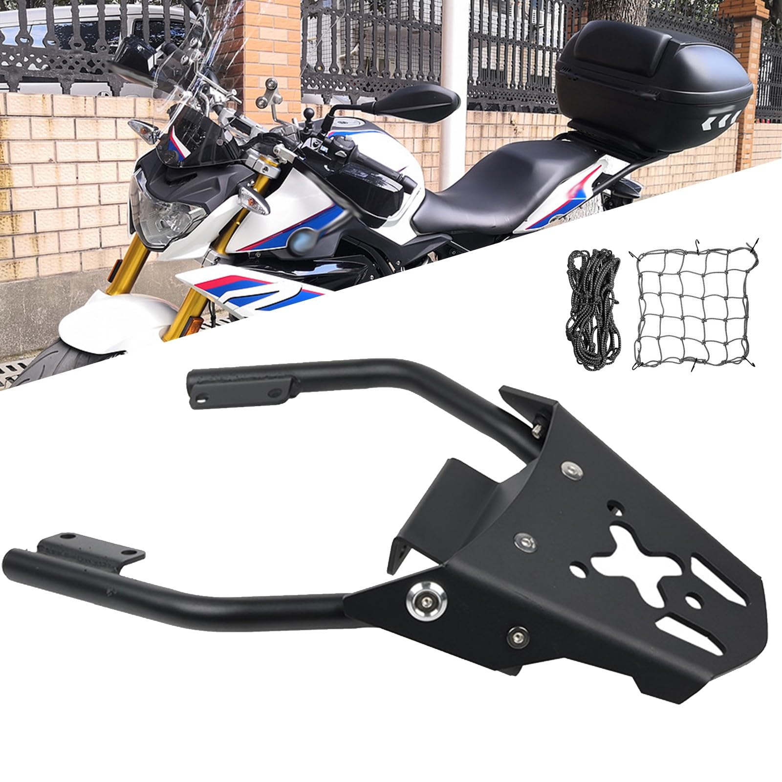 Für BMW G310R, universeller Motorrad-Heckgepäckträger mit 2-teiligem Gepäcknetz, Stabiler Topcase-Halter aus Metall, schwarzer Heckgepäckträger, praktisches Motorradzubehör von DFFMQSJ