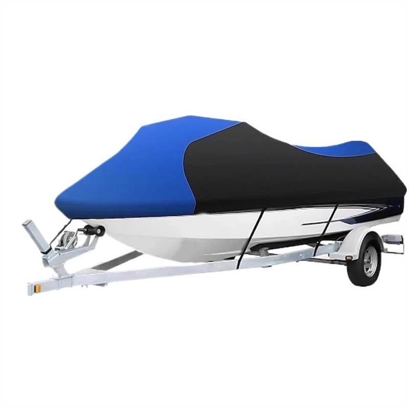 Bootsabdeckung 210D wasserdichte Motorboot Jet Ski Trailerable Abdeckung Durable Oxford Tuch Anhänger Abdeckung Boat Cover Support(3.6x2.5M Black Blue) von DGOINGPI